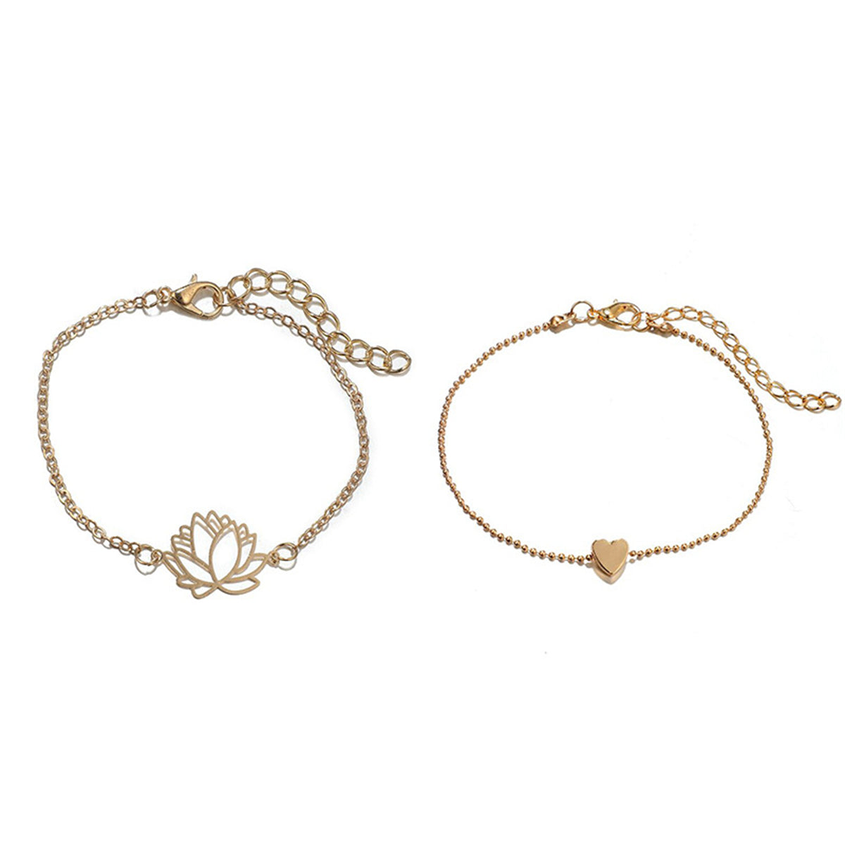18K Gold-Plated Lotus & Heart Charm Anklet Set