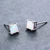 White Opal & Silvertone Princess Cut Stud Earrings