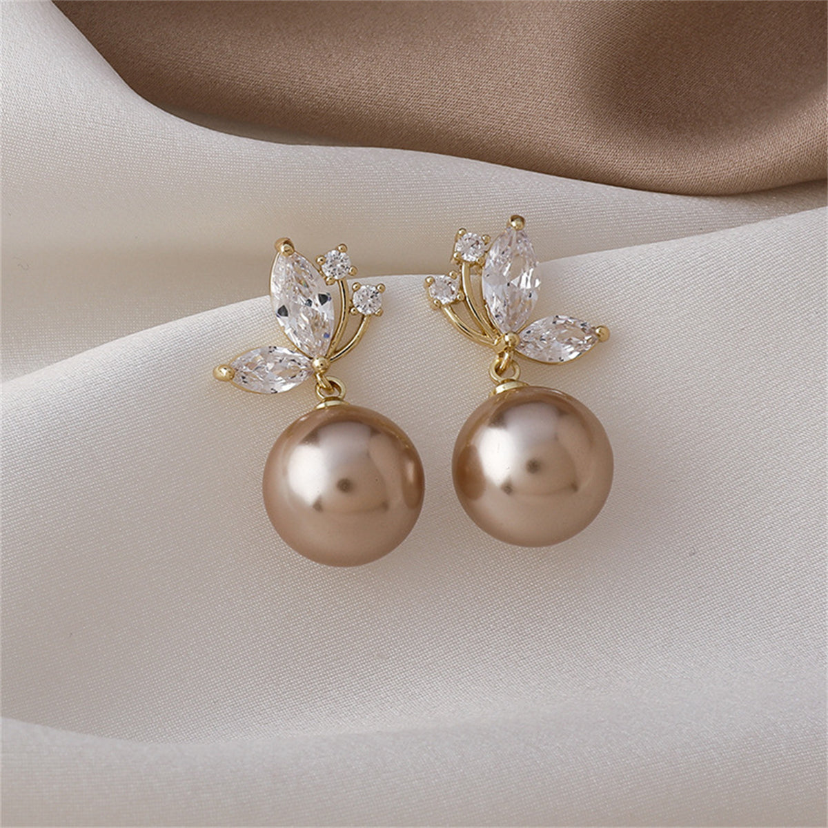 Champagne Pearl & Cubic Zirconia Butterfly Drop Earrings