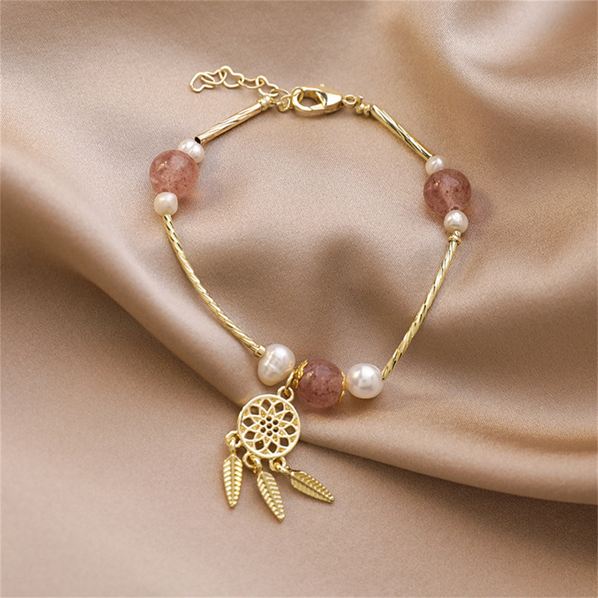 Crystal and Pearl 18K Gold-Plated Dreamcatcher Charm Bracelet, gold bracelet for women, everyday style, styled look