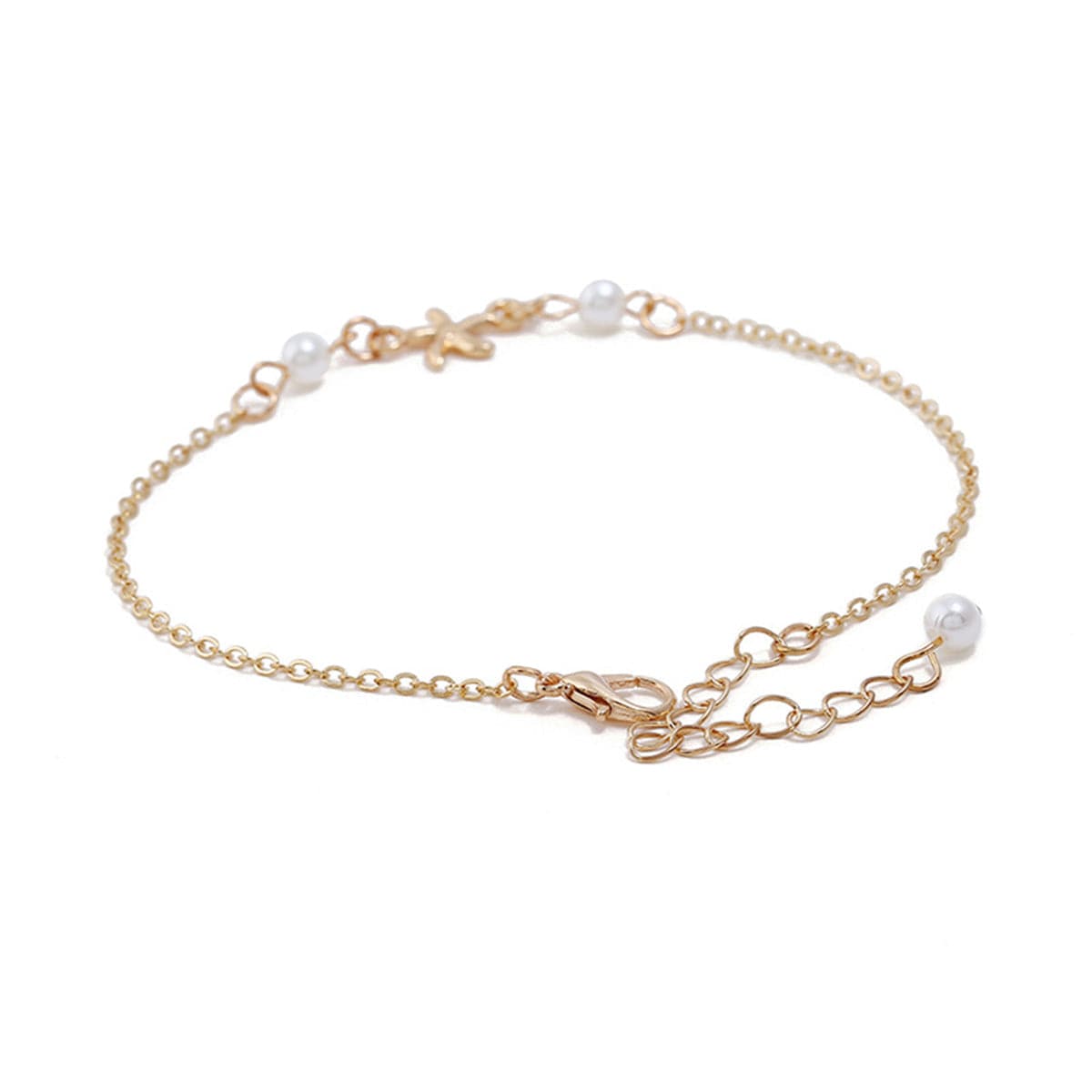Pearl and 18K Gold-Plated Starfish Charm Anklet, gold anklet bracelet, elegant gift for her, detail close-up