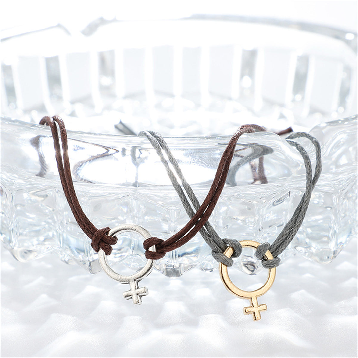 Peach Polyster & Two-Tone Female Symbol Adjustable Bracelet Set