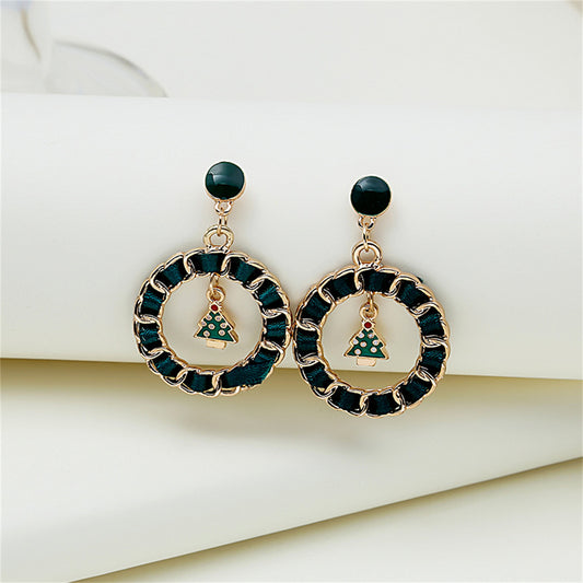 Black Ribbon and Enamel 18K Gold-Plated Christmas Tree Figaro Drop Earrings, gold drop earrings for women, front view