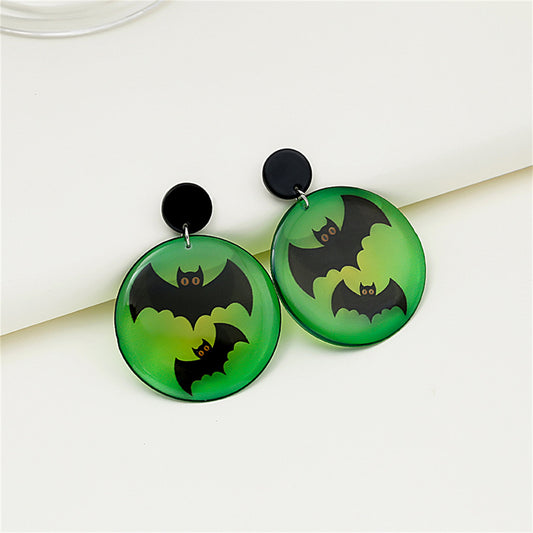 Black and Green Acrylic Silver-Plated Bat Drop Earrings, silver drop earrings for women, dainty minimalist design, front view
