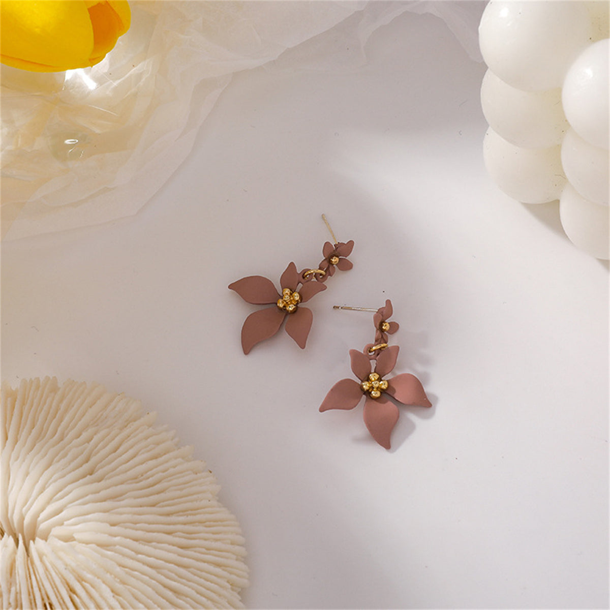 Pink Enamel and 18K Gold-Plated Flower Drop Earrings, gold drop earrings for women, everyday style, detail close-up