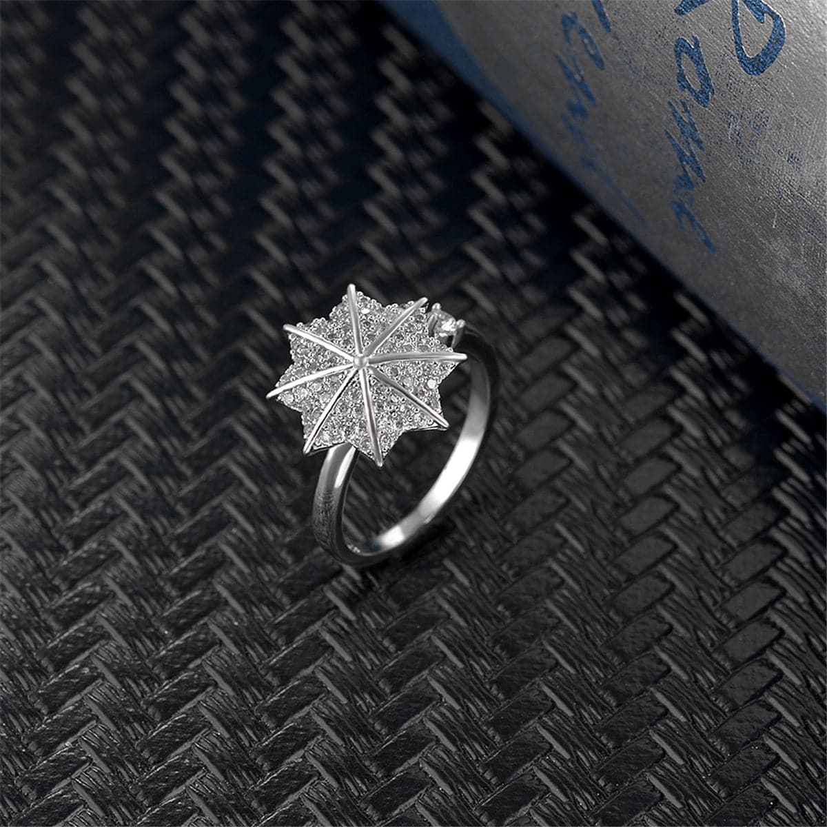 Cubic Zirconia and Silver-Plated Maple Leaf Bypass Ring, silver statement rings for women, vintage-inspired design, side view