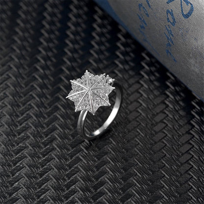 Cubic Zirconia and Silver-Plated Maple Leaf Bypass Ring, silver statement rings for women, vintage-inspired design, side view