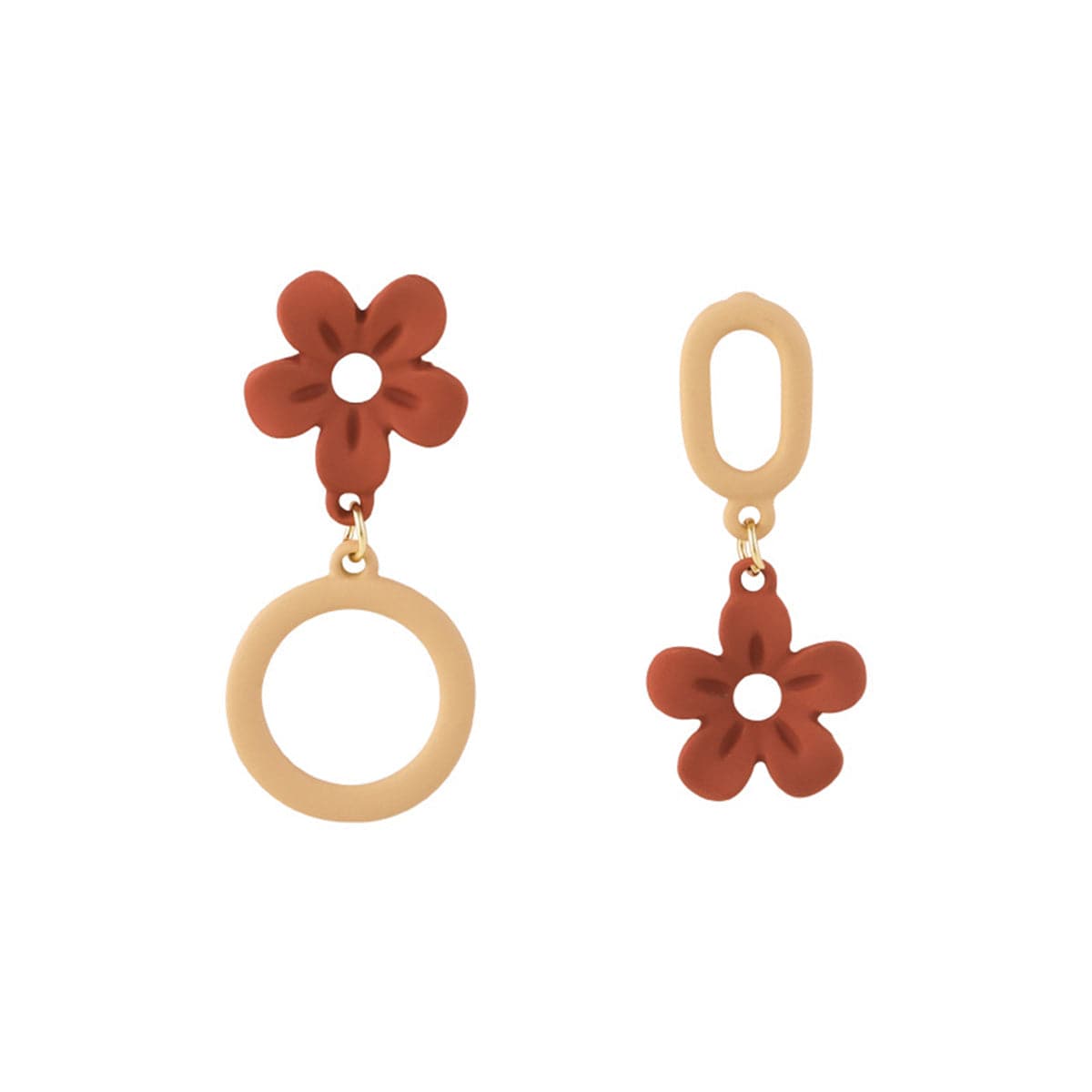 Coffee Enamel and 18K Gold-Plated Flower Mismatch Drop Earring, gold drop earrings for women, everyday style, front view