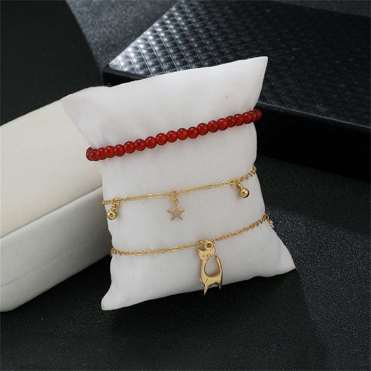 Red & Cubic Zirconia Beaded Cat Charm Anklet Set