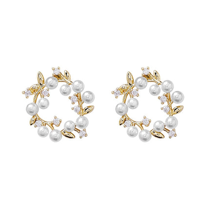 Pearl and Cubic Zirconia Botanical Wreath Stud Earrings, stud earrings for women, dainty minimalist design, styled look