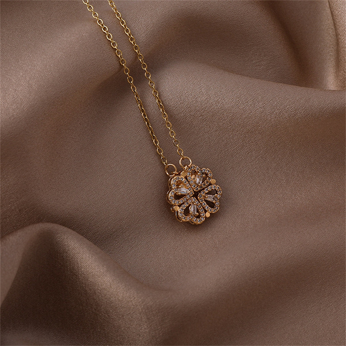 Cubic Zirconia & 18K Gold-Plated Heart Clover Pendant Necklace