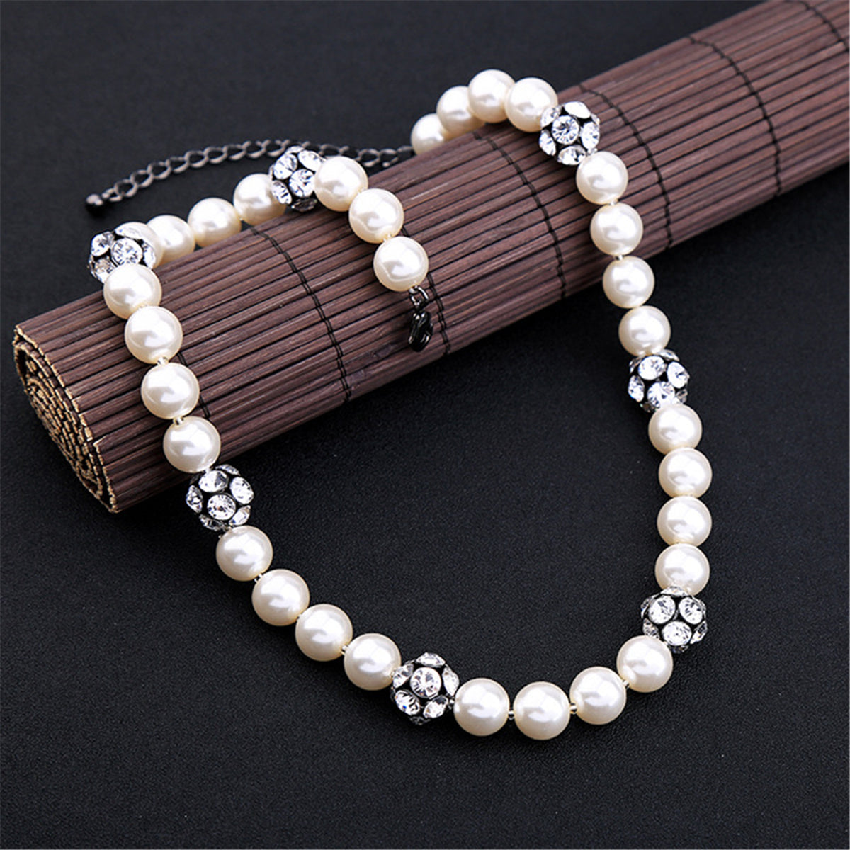 Pearl & Cubic Zirconia Black-Tone Ball Necklace