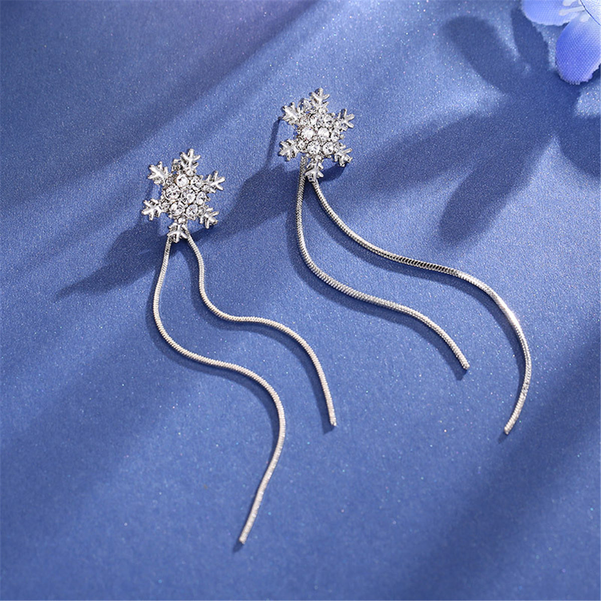Cubic Zirconia and Silver-Plated Snowflake Tassel Drop Earrings, silver drop earrings for women, side view