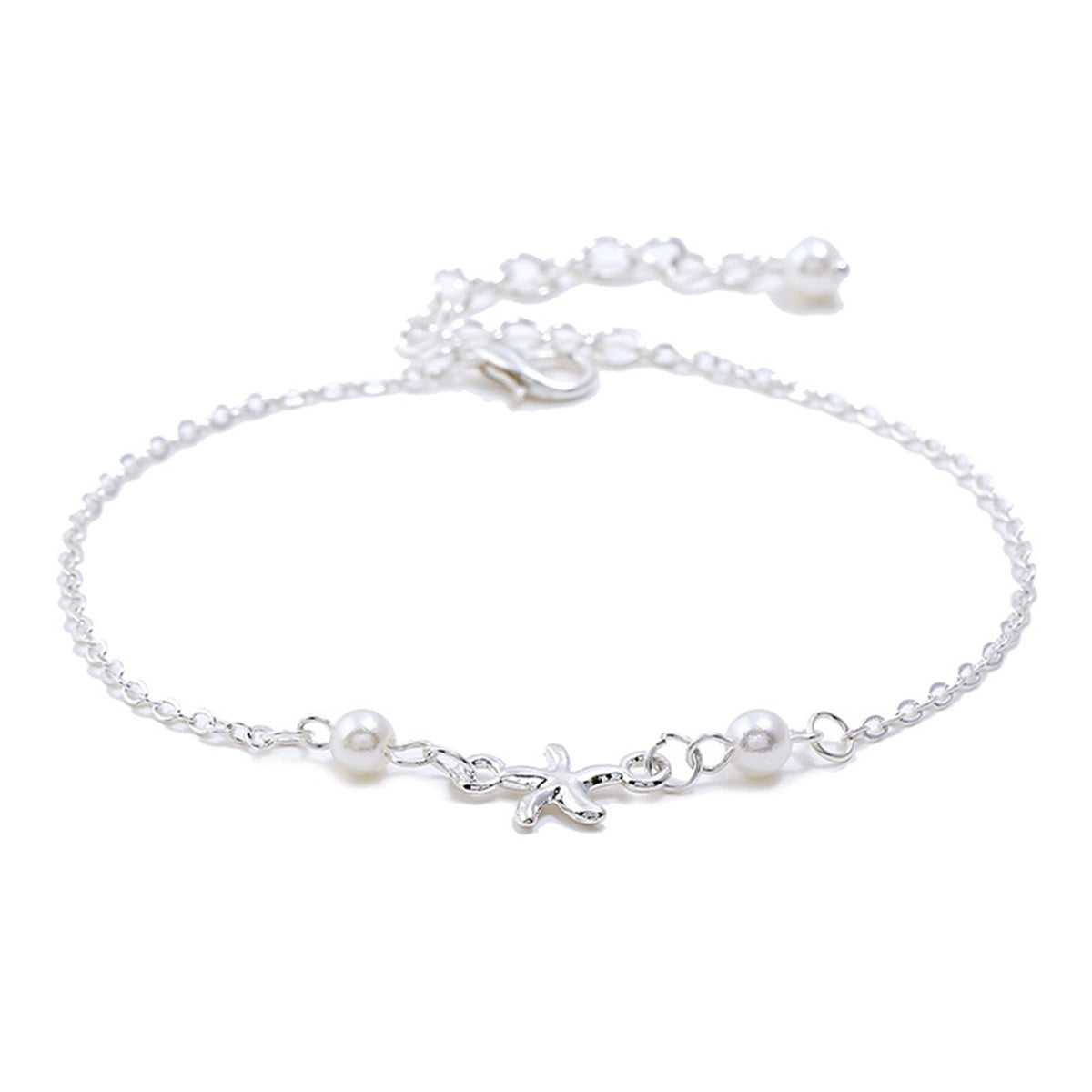 Pearl and Silver Plated Starfish Charm Anklet, silver anklet bracelet, elegant gift for her, detail close-up