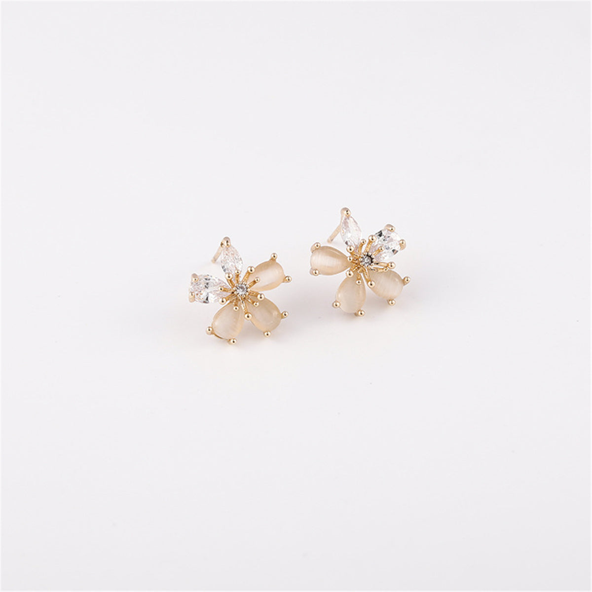 Crystal & Cats Eye Flower Stud Earrings