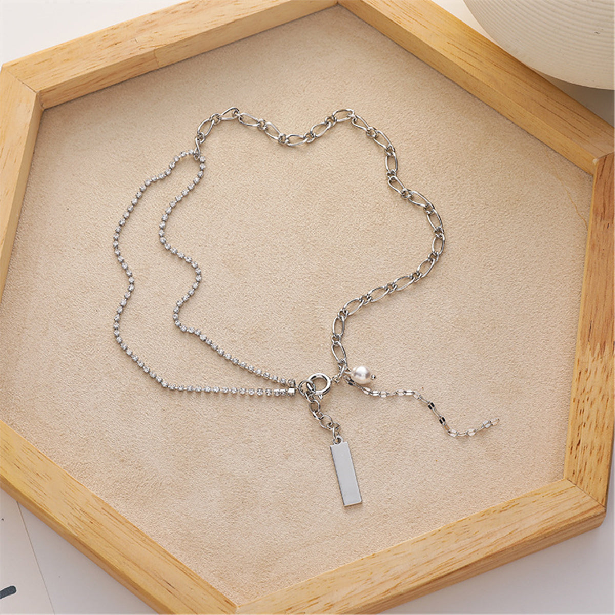 Pearl & Silver-Plated Figaro Chain Lariat Necklace