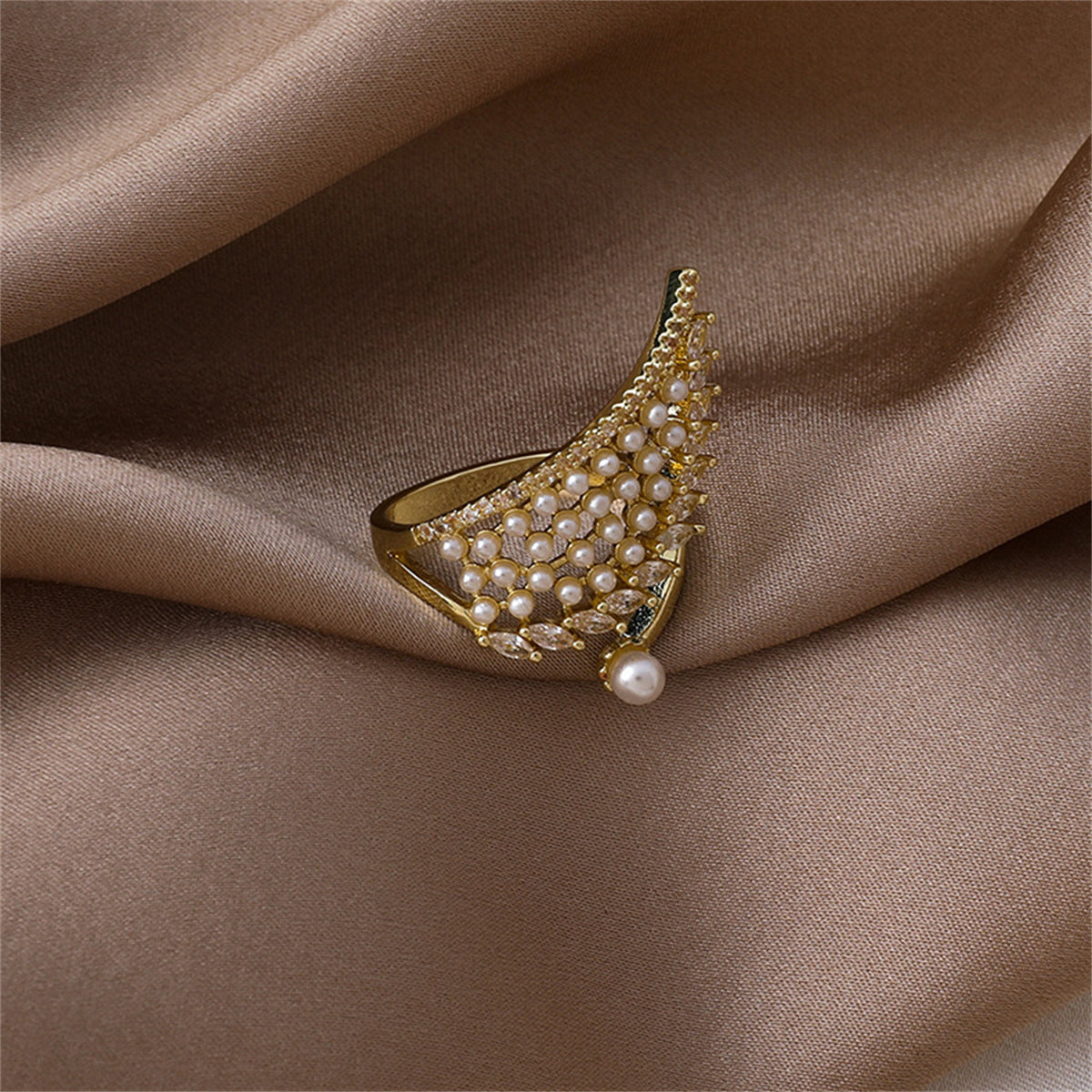Cubic Zirconia & White Pearl 18K Gold-Plated Wing Bypass Ring
