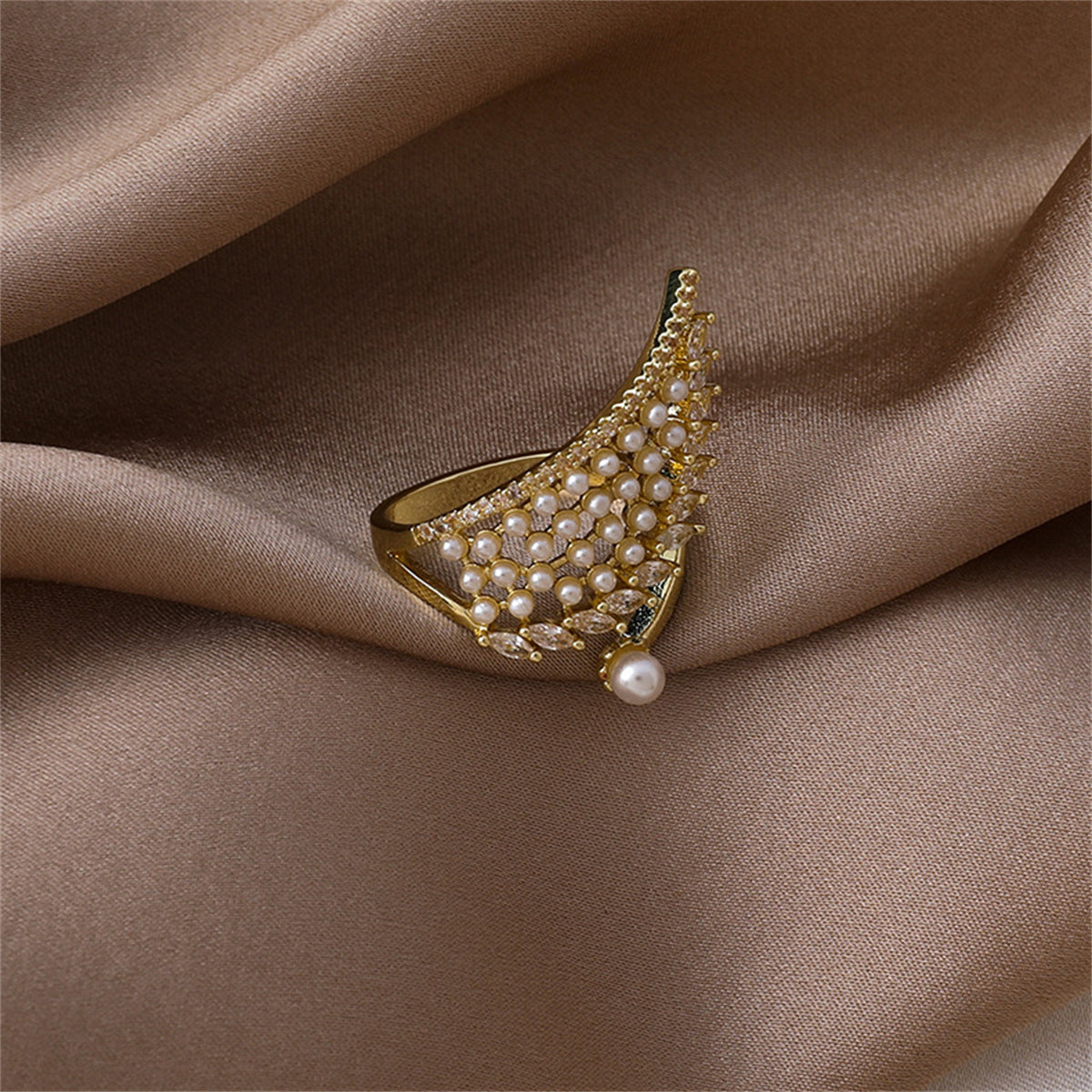 Cubic Zirconia and White Pearl 18K Gold-Plated Wing Bypass Ring, gold statement rings for women, lifestyle look