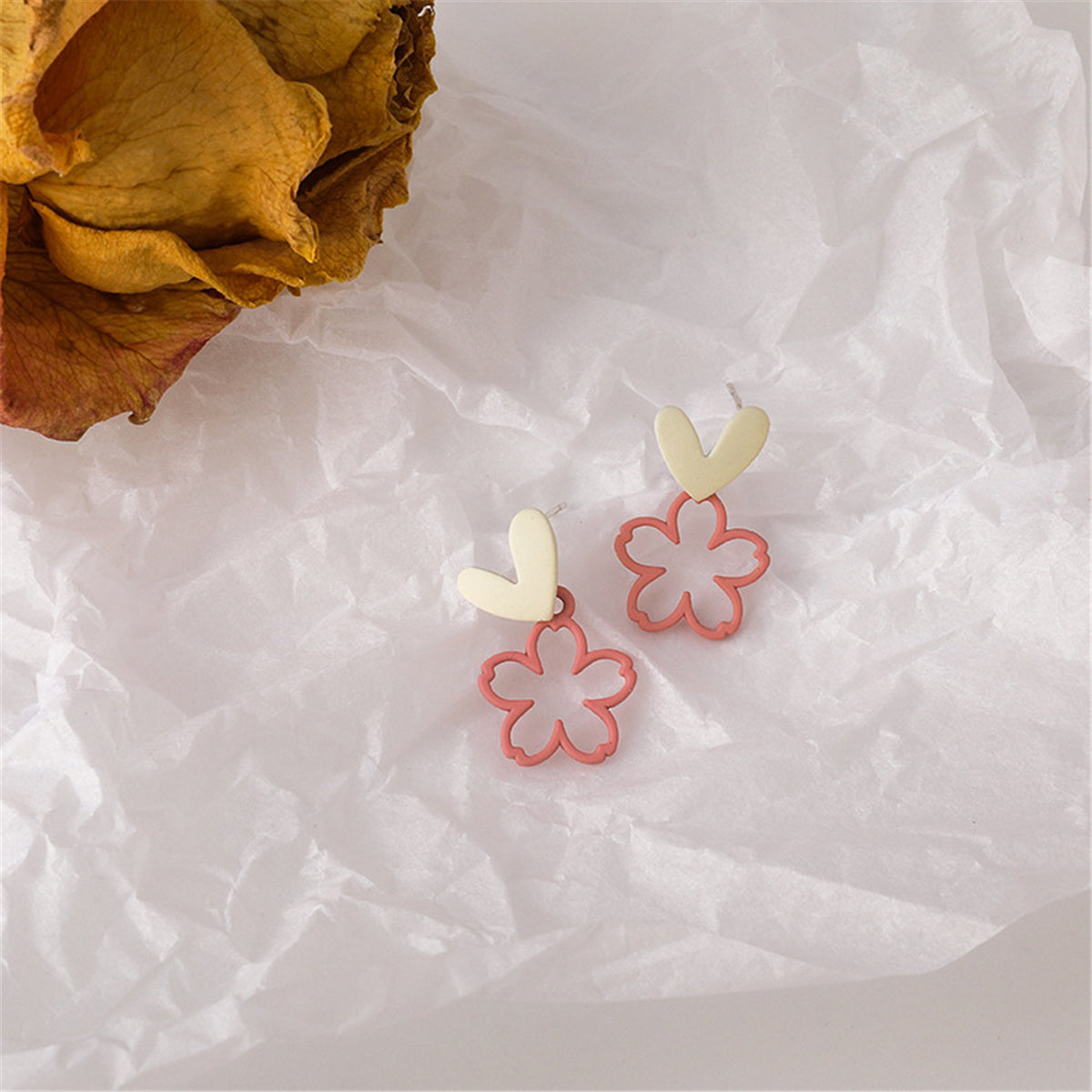 Pink Enamel and 18K Gold-Plated Heart Flower Drop Earrings, gold drop earrings for women, vintage-inspired design, front view