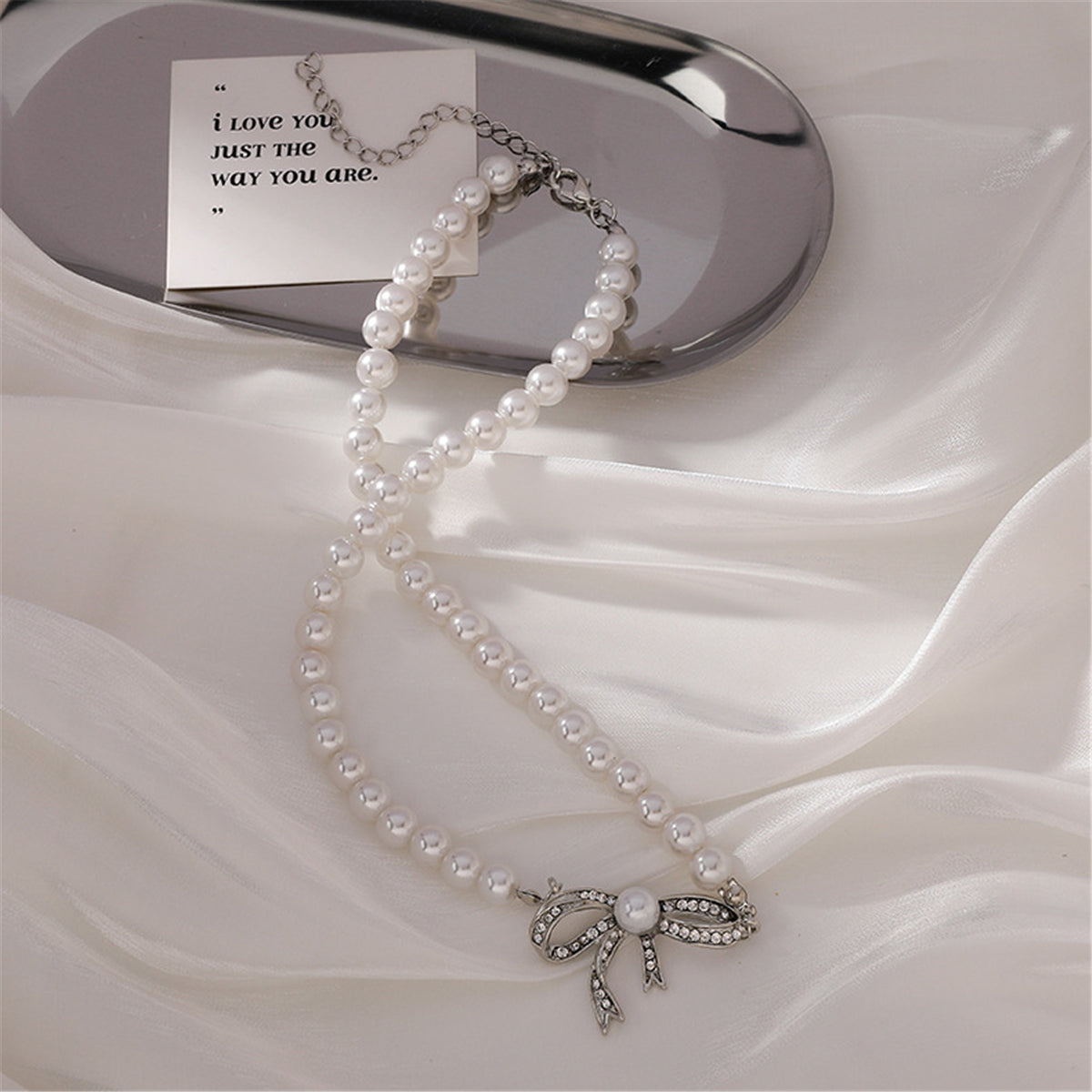 Cubic Zirconia & Pearl Beaded Bow Pendant Necklace