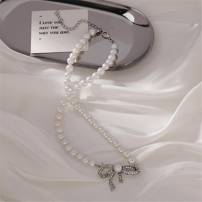 Cubic Zirconia & Pearl Beaded Bow Pendant Necklace