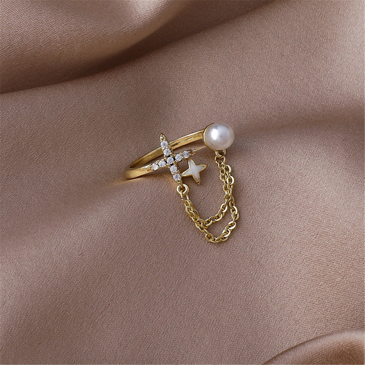 Cubic Zirconia & Pearl 18K Gold-Plated Star Chain Ring
