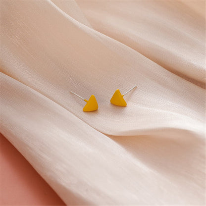 Yellow Enamel and Silver-Plated Triangle Stud Earrings, silver stud earrings for women, dainty minimalist design, front view
