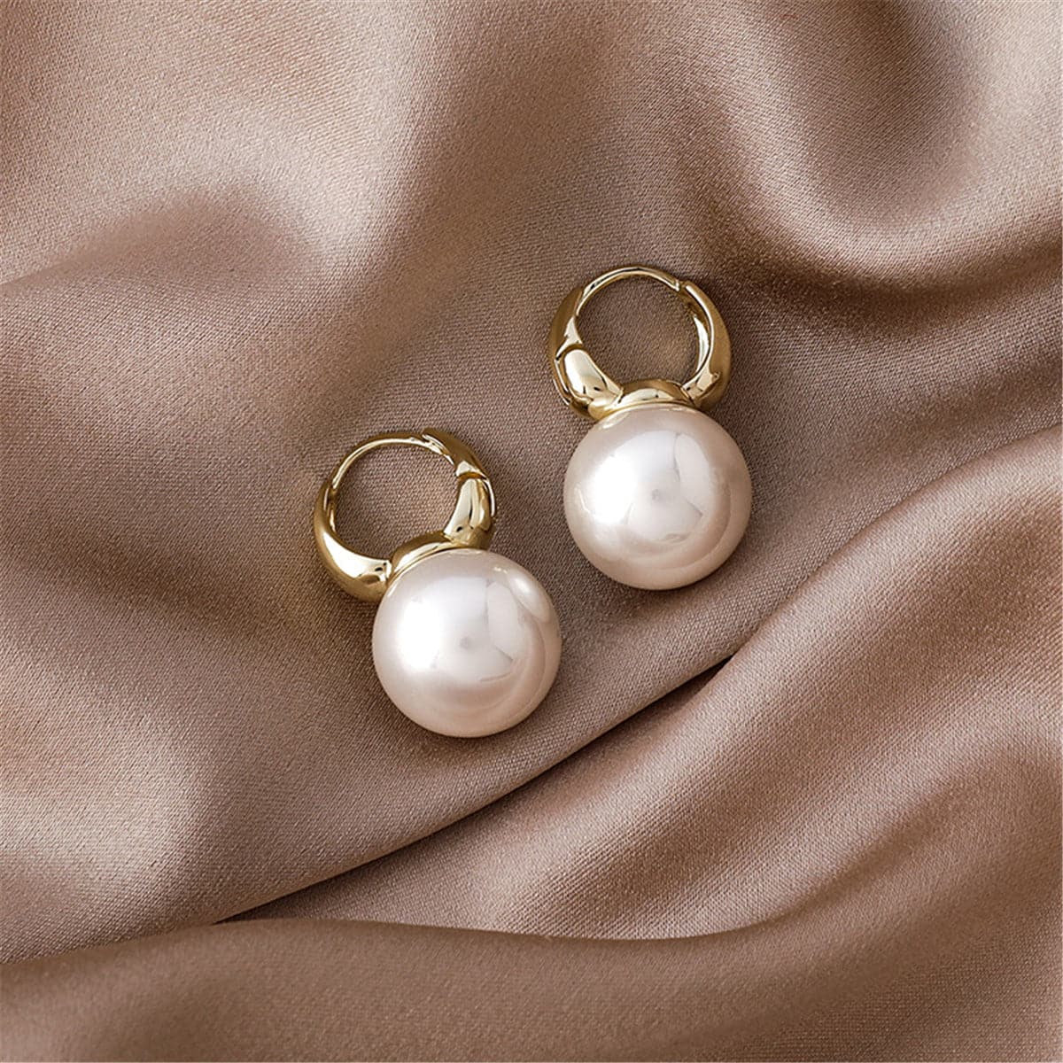 White Pearl and 18K Gold-Plated Huggie Earrings, gold huggie earrings, botanical inspired, detail close-up