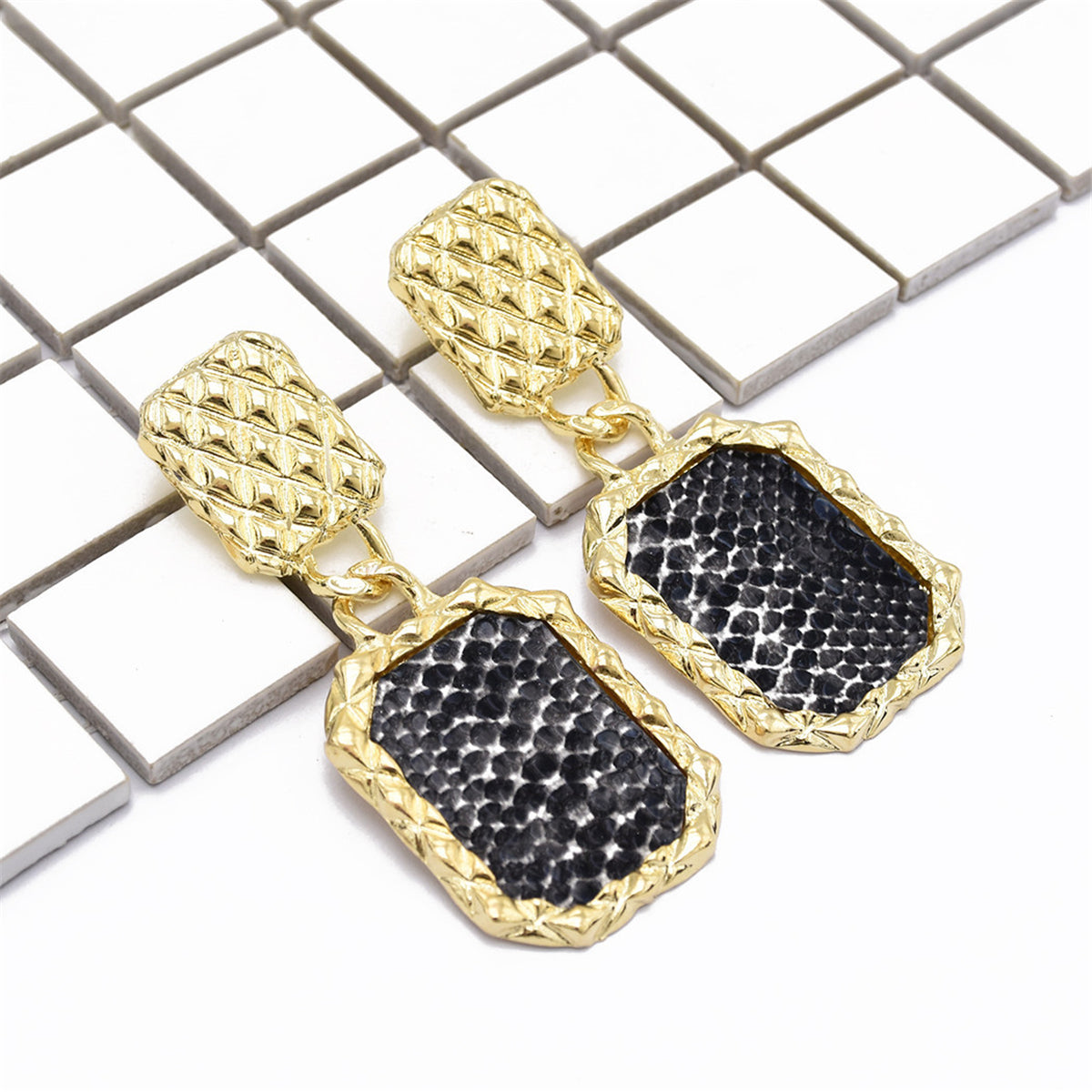 Gold-Plated & Black Snake-Print Square Drop Earrings