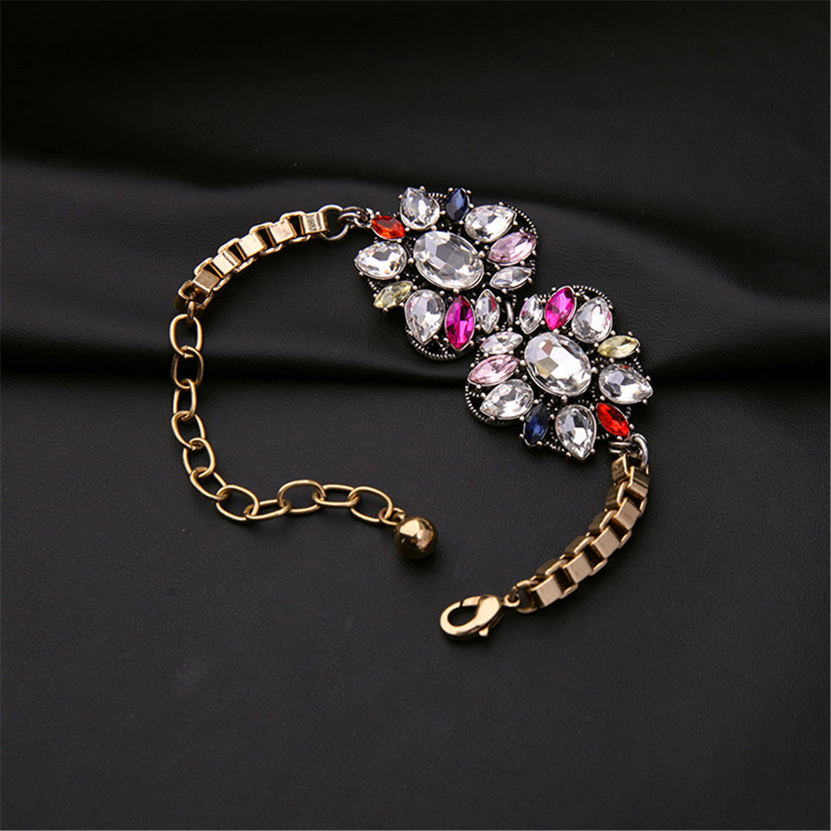 Pink Red Multicolor Crystal & 18K Gold-Plated Flower Charm Bracelet