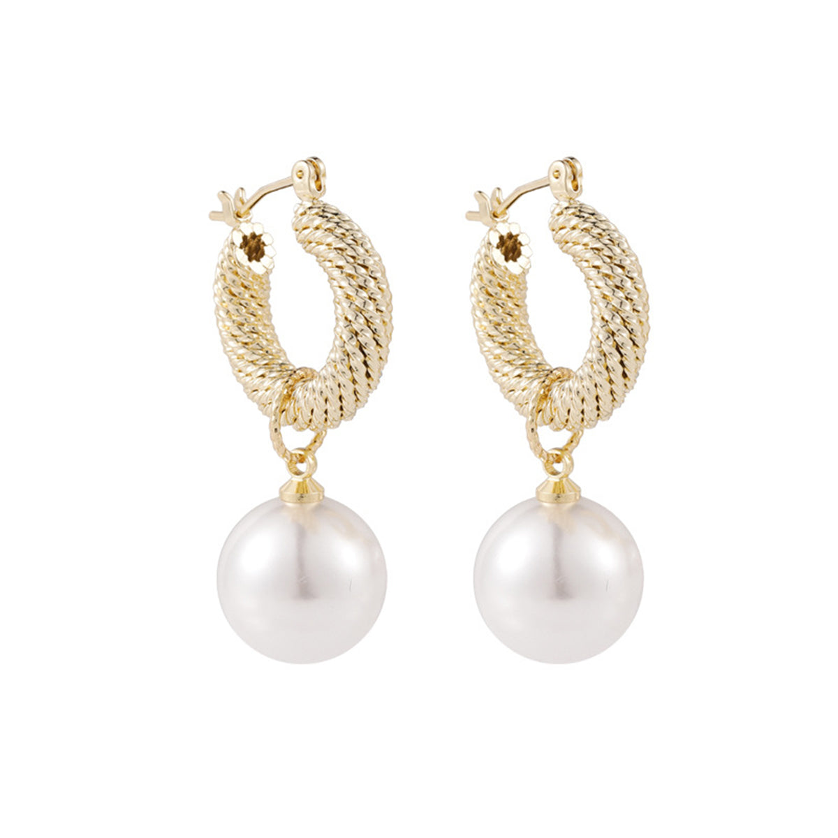 Pearl and 18K Gold-Plated Rope Huggie Earrings, gold huggie earrings, dainty minimalist design, front view