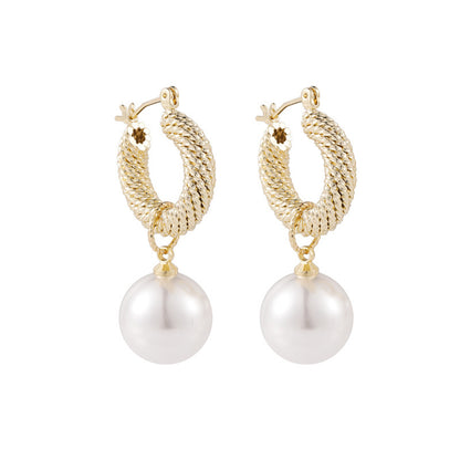 Pearl and 18K Gold-Plated Rope Huggie Earrings, gold huggie earrings, dainty minimalist design, front view