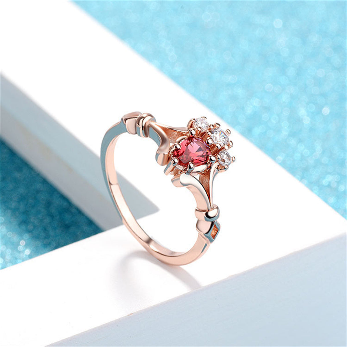 Red Crystal and Cubic Zirconia Crown Ring, statement rings for women, botanical inspired, side view
