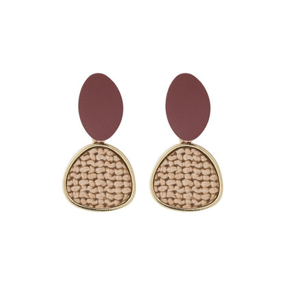Brown Polystyrene and 18K Gold-Plated Woven Tiered Oval Drop Earrings, gold drop earrings for women, front view