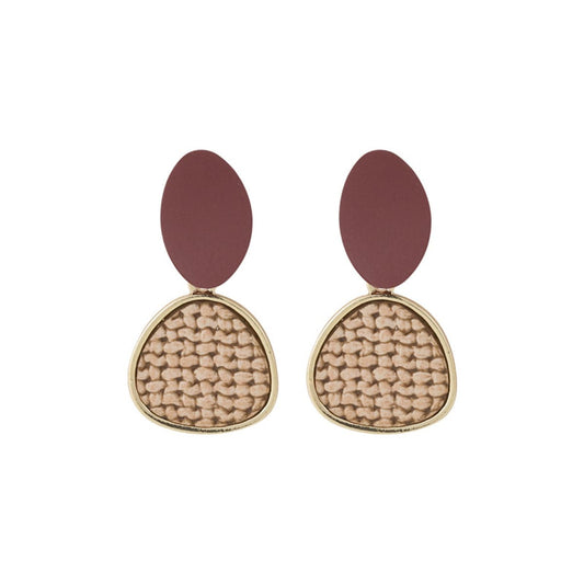 Brown Polystyrene and 18K Gold-Plated Woven Tiered Oval Drop Earrings, gold drop earrings for women, front view