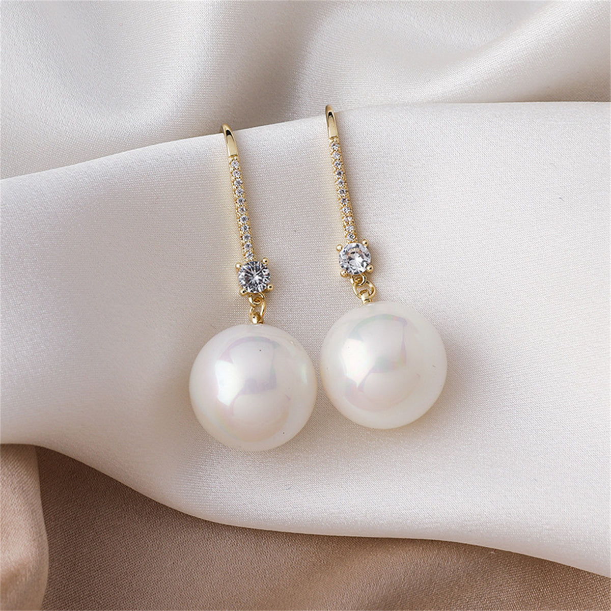 White Pearl & Cubic Zirconia 18K Gold-Plated Ball Drop Earrings