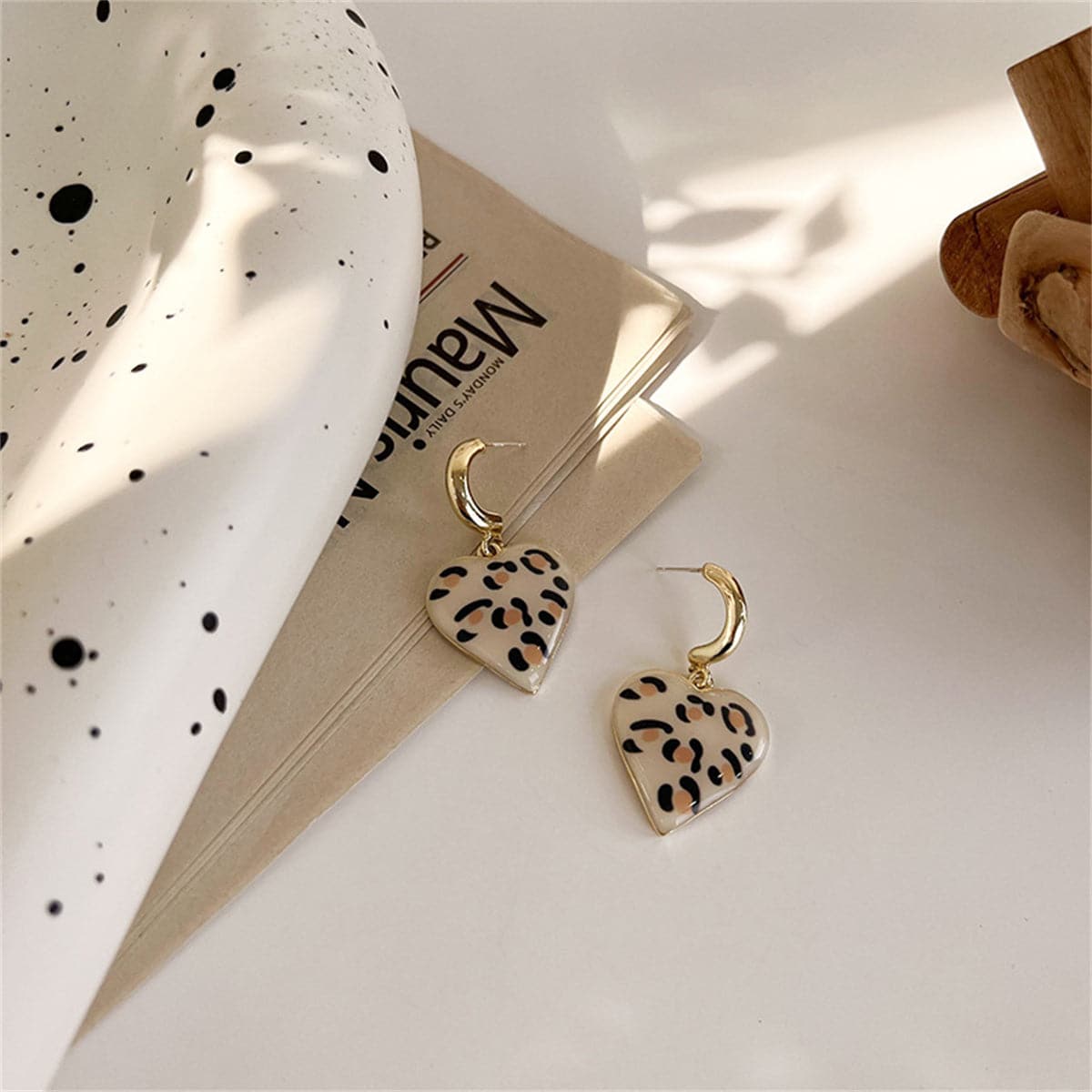 Cream Leopard Enamel and 18K Gold-Plated Heart Drop Earrings, gold drop earrings for women, everyday style, side view