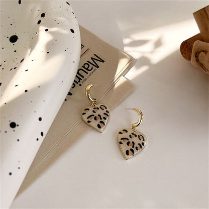 Cream Leopard Enamel and 18K Gold-Plated Heart Drop Earrings, gold drop earrings for women, everyday style, side view