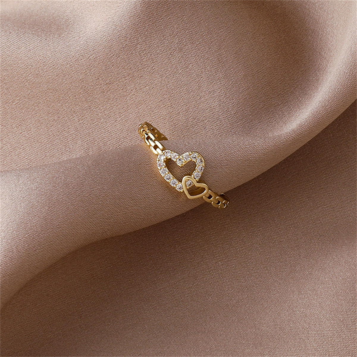 Cubic Zirconia & 18K Gold-Plated Pavé Interlocked Open Heart Chain Ring
