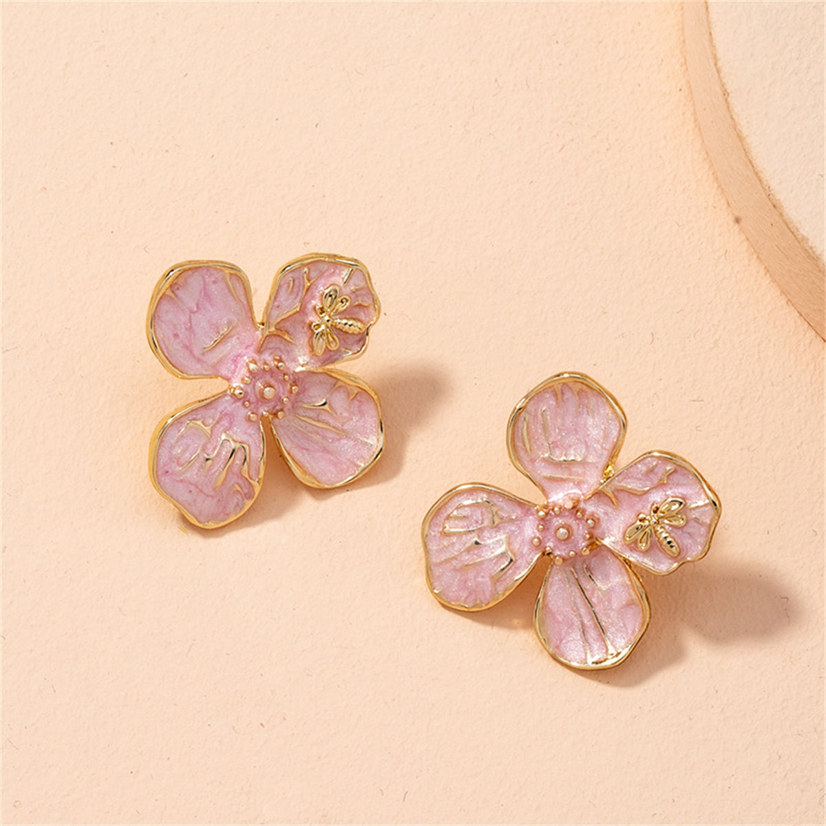 Pink Enamel and 18K Gold-Plated Bee Flower Stud Earrings, gold stud earrings for women, everyday style, lifestyle look