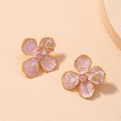 Pink Enamel and 18K Gold-Plated Bee Flower Stud Earrings, gold stud earrings for women, everyday style, lifestyle look