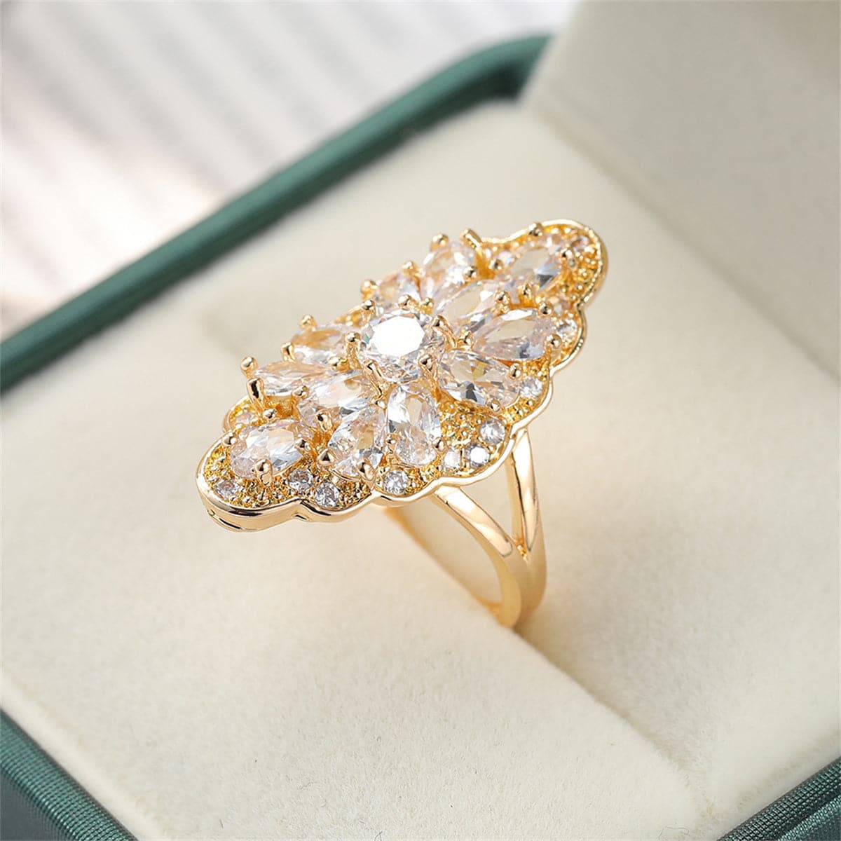 Crystal and 18K Gold-Plated Pear-Cut Pavé Statement Ring, gold statement rings for women, detail close-up