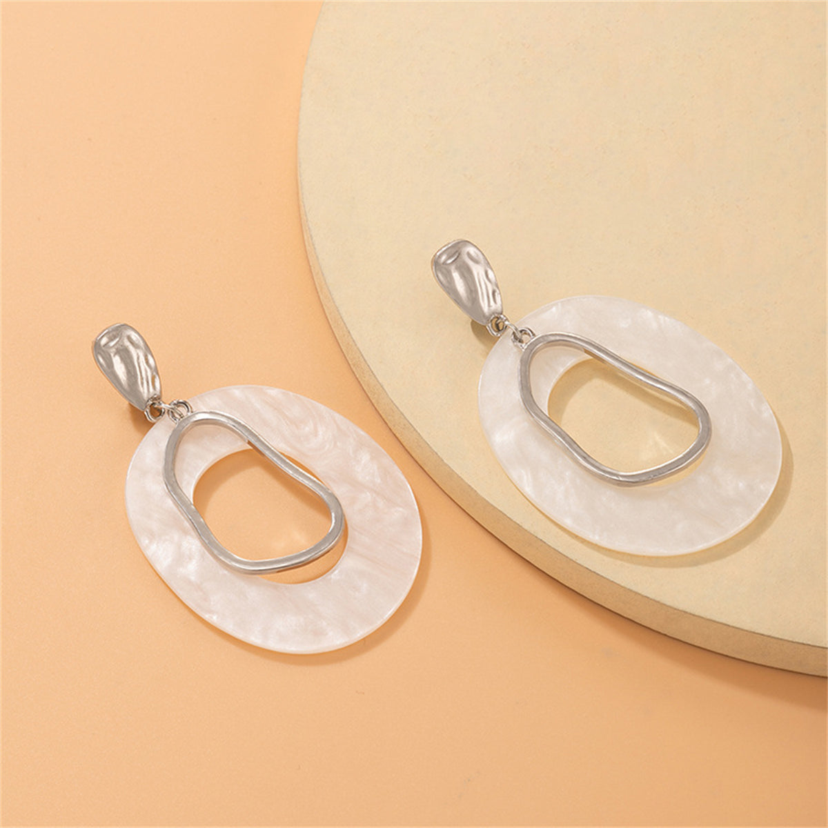 Ivory Acrylic and Silver-Plated Circular Dangle Earrings, silver drop earrings for women, detail close-up