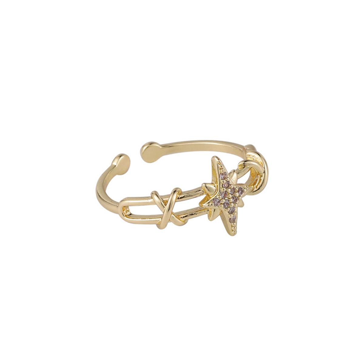 Cubic Zirconia and 18K Gold-Plated Star Open-Band Ring, gold statement rings for women, elegant gift for her, front view