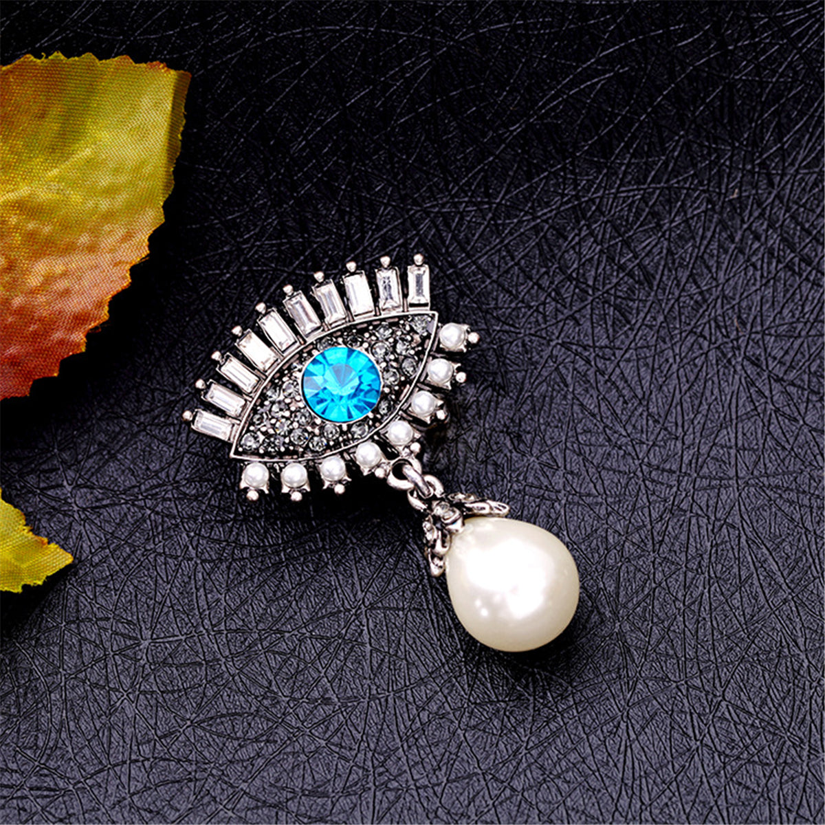 Blue Crystal & Pearl Silver-Plated Eye & Drop Brooch