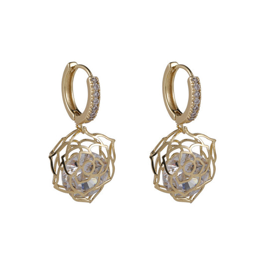 Cubic Zirconia and 18K Gold-Plated Open-Rose Huggie Earring, gold huggie earrings, vintage-inspired design, front view