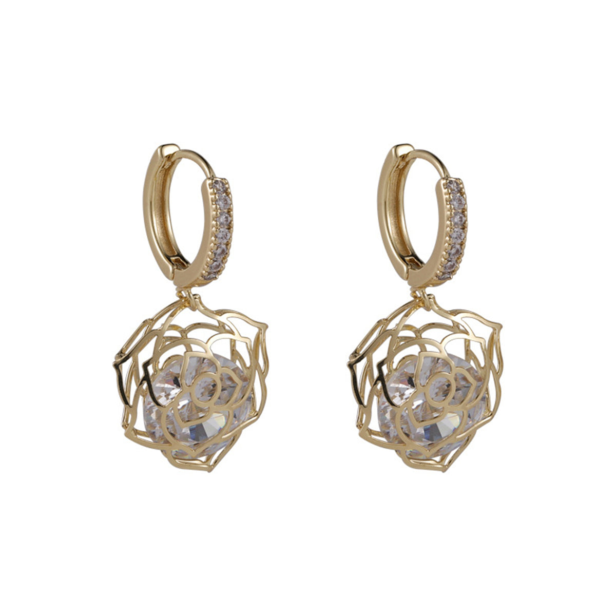 Cubic Zirconia & 18K Gold-Plated Open-Rose Huggie Earring