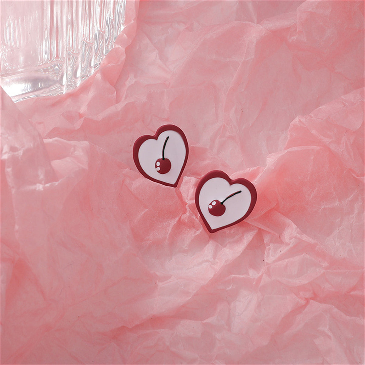 Red Enamel & Silver-Plated Cherry Heart Stud Earrings