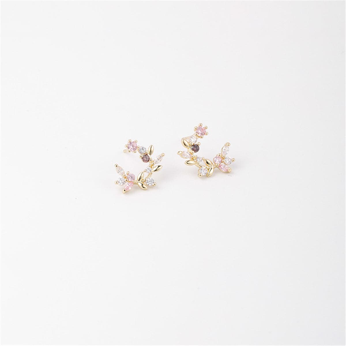 Cubic Zirconia and 18K Gold-Plated Floral Stud Earrings, gold stud earrings for women, botanical inspired, front view