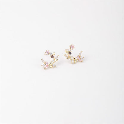 Cubic Zirconia and 18K Gold-Plated Floral Stud Earrings, gold stud earrings for women, botanical inspired, front view
